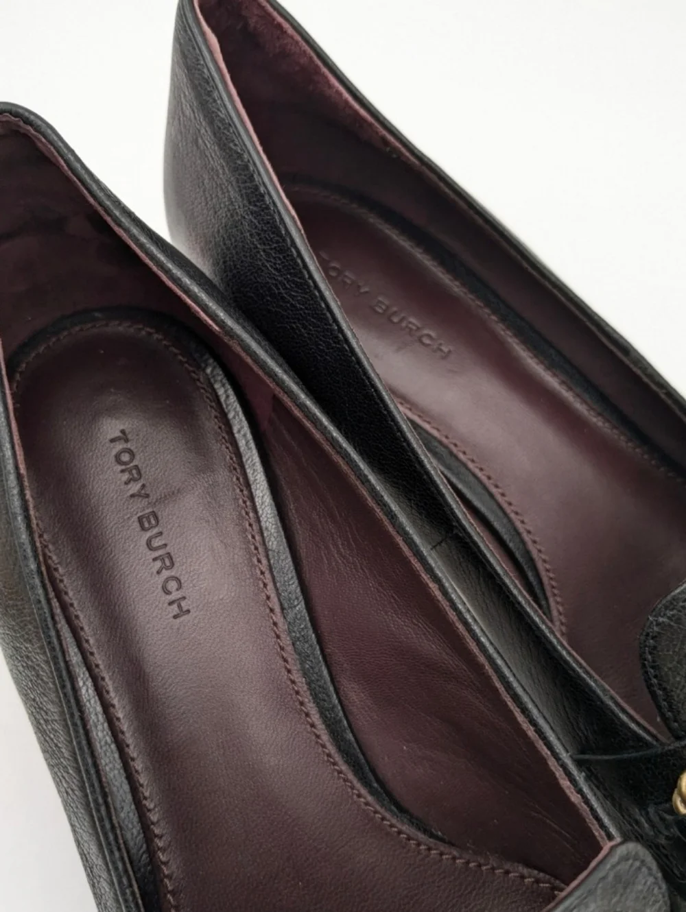 Tory Burch Black Leather Pointed Kitten Heel Loafers with Gold Hardware